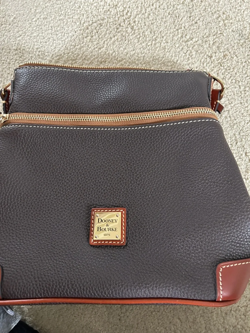 Dooney & Bourke Dark Brown Pebbled Leather Crossbody Messenger with Tan Trim - Picture 7 of 9